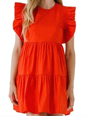 English Factory Orange-Red Ruffled Babydoll Mini Dress